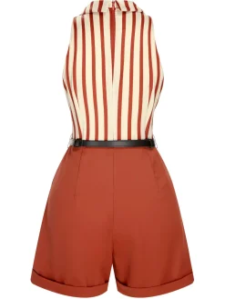 Fashion Retro Stage 1940s Striped Lapel Romper Brick Red
