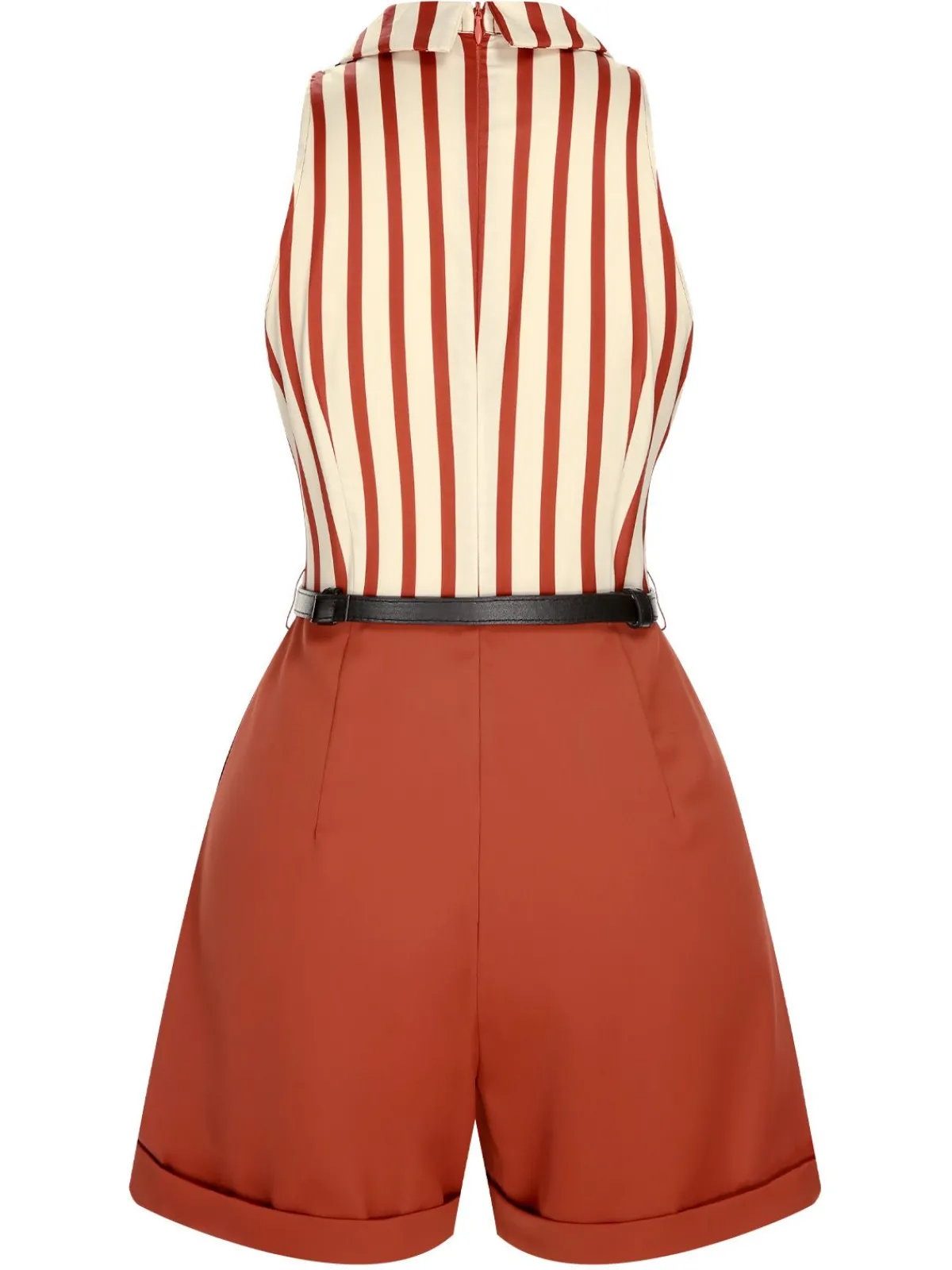 Fashion Retro Stage 1940s Striped Lapel Romper Brick Red
