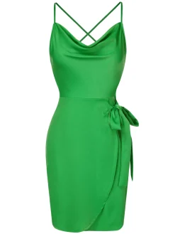 Sale Retro Stage 1970s Back Cross Straps Dress Bright Green
