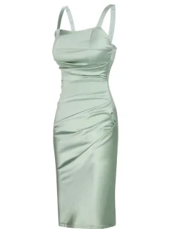 Outlet Retro Stage 1960s Solid Wrinkle Dress Bright Green