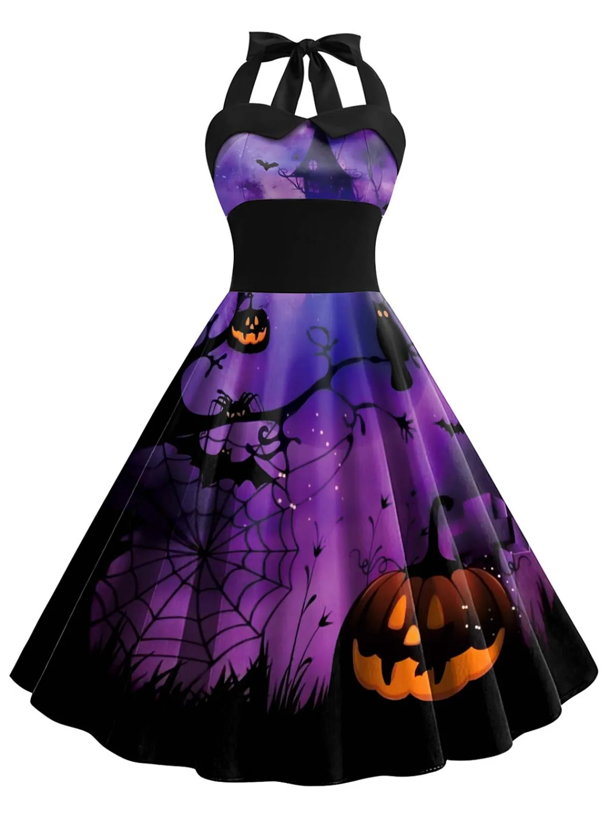 Outlet Retro Stage 1950s Halloween Spider Web Halter Dress Bright Purple