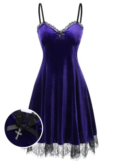 Outlet Retro Stage 1980s V-Neck Lace Velvet Dress Bright Purple