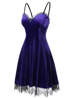 Outlet Retro Stage 1980s V-Neck Lace Velvet Dress Bright Purple