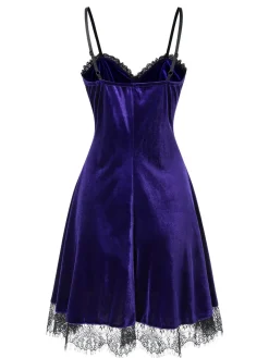 Outlet Retro Stage 1980s V-Neck Lace Velvet Dress Bright Purple