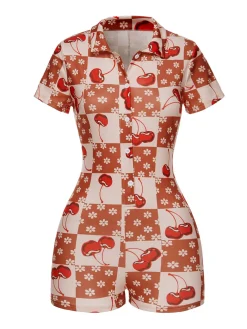 Discount Retro Stage 1950s Cherry Checkerboard Lapel Romper Brown & Red