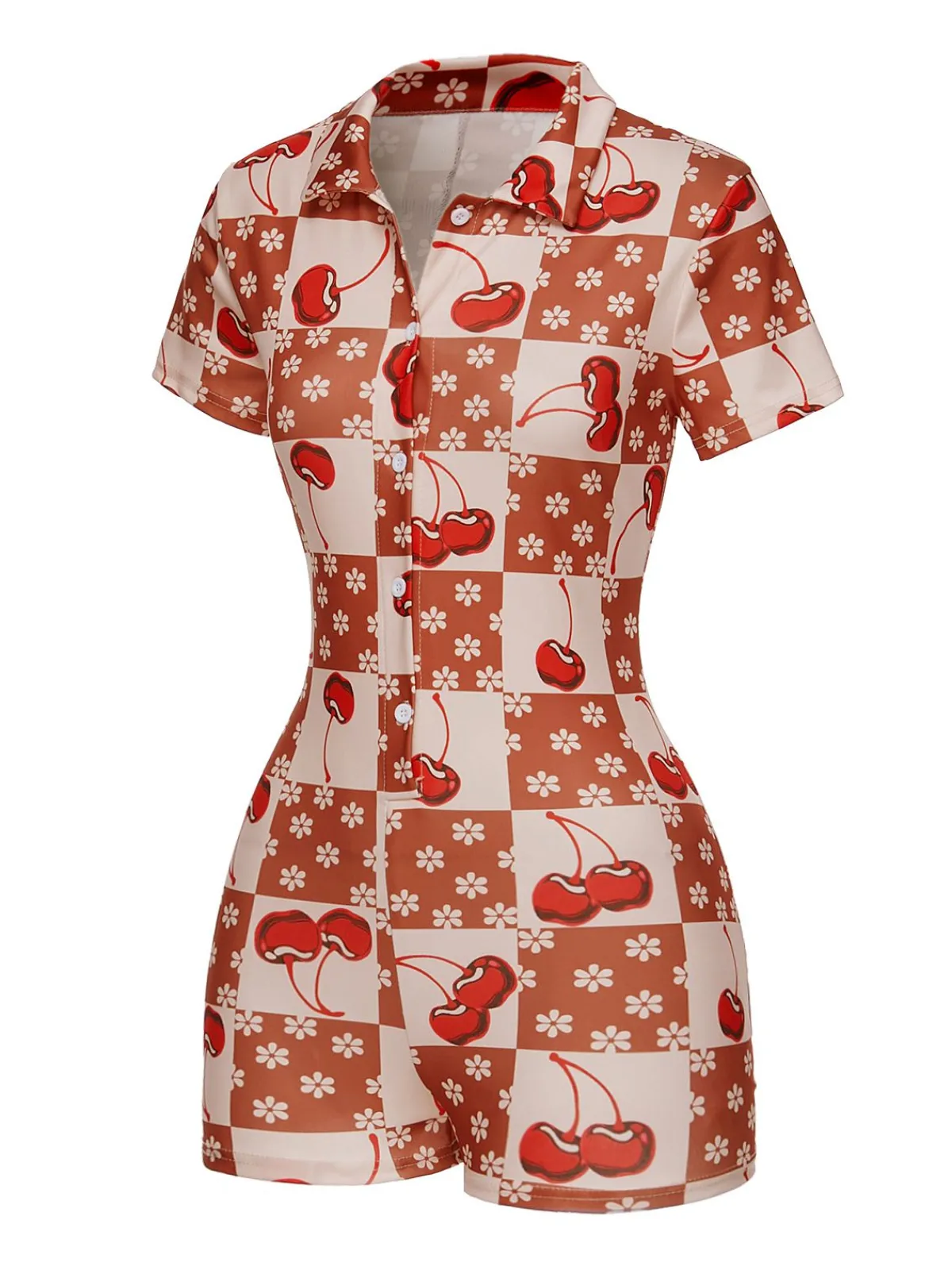 Discount Retro Stage 1950s Cherry Checkerboard Lapel Romper Brown & Red