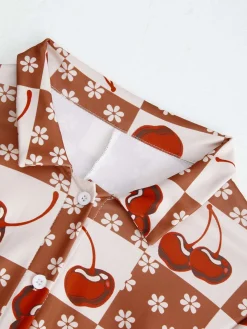 Discount Retro Stage 1950s Cherry Checkerboard Lapel Romper Brown & Red