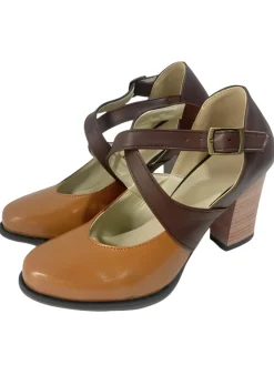 Outlet Retro Stage Cross Strap Color Block Chunky Heels Brown