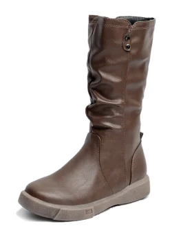 New Retro Stage Leather Stacked Pleated Flat Boots Brown