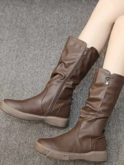 New Retro Stage Leather Stacked Pleated Flat Boots Brown
