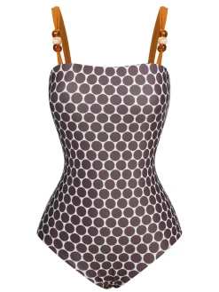 Sale Retro Stage 1930s Beads Straps Polka Dots Reversible Swimsuit Brown