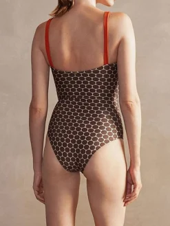 Sale Retro Stage 1930s Beads Straps Polka Dots Reversible Swimsuit Brown