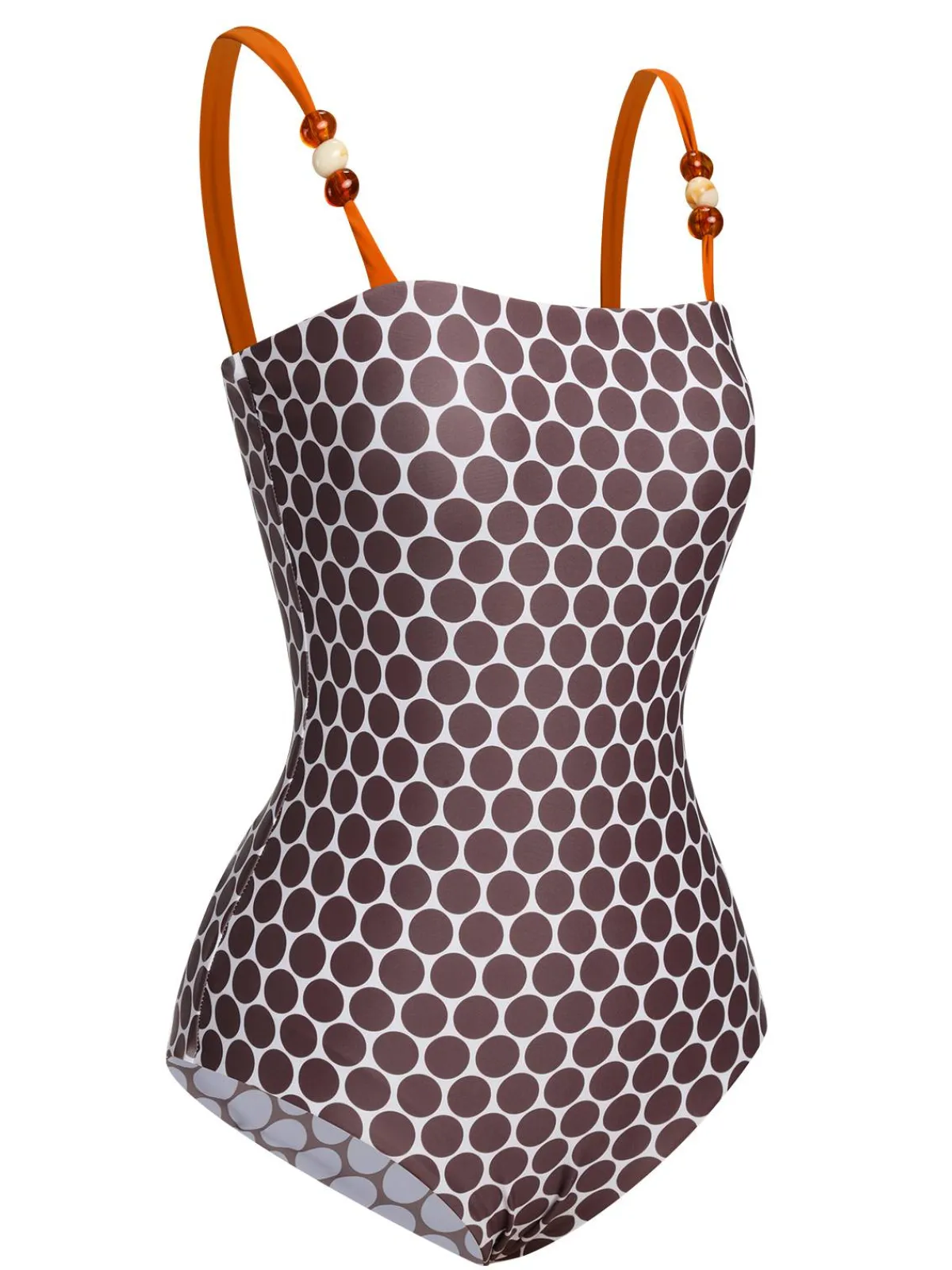 Sale Retro Stage 1930s Beads Straps Polka Dots Reversible Swimsuit Brown