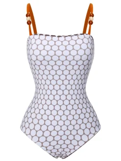 Sale Retro Stage 1930s Beads Straps Polka Dots Reversible Swimsuit Brown