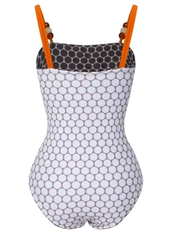 Sale Retro Stage 1930s Beads Straps Polka Dots Reversible Swimsuit Brown