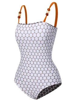 Sale Retro Stage 1930s Beads Straps Polka Dots Reversible Swimsuit Brown