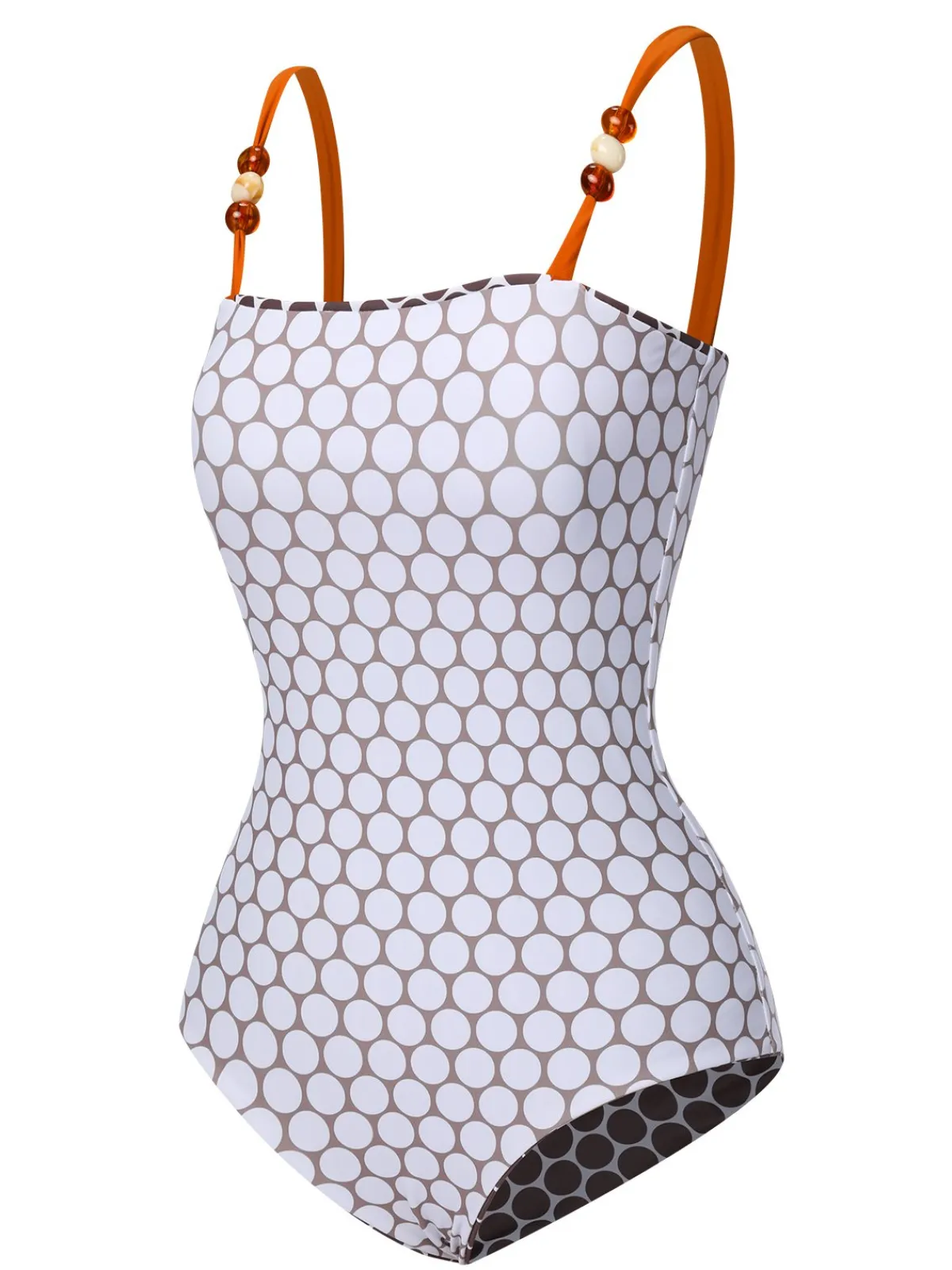 Sale Retro Stage 1930s Beads Straps Polka Dots Reversible Swimsuit Brown
