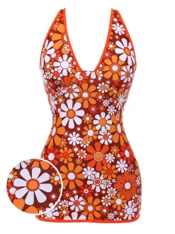 Fashion Retro Stage 1960s Bohemian Psychedelic Floral One-Piece Swimsuit Brown