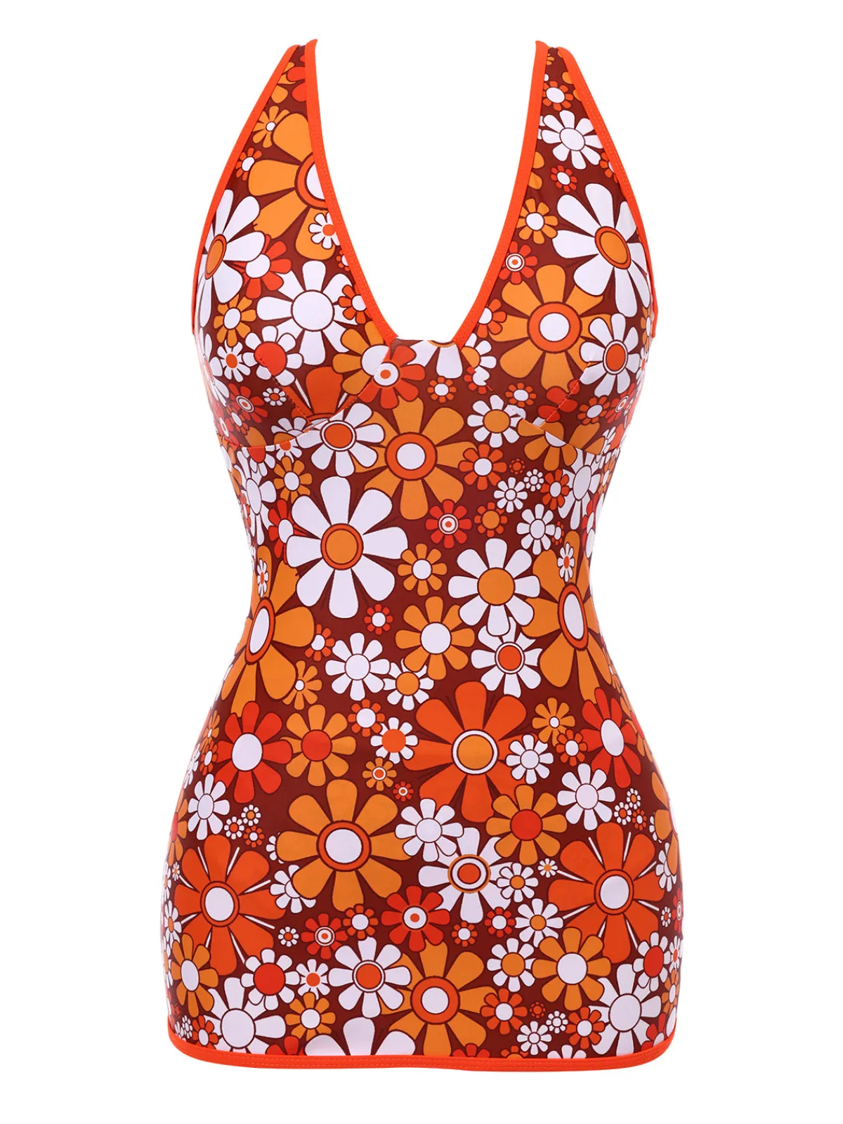 Fashion Retro Stage 1960s Bohemian Psychedelic Floral One-Piece Swimsuit Brown