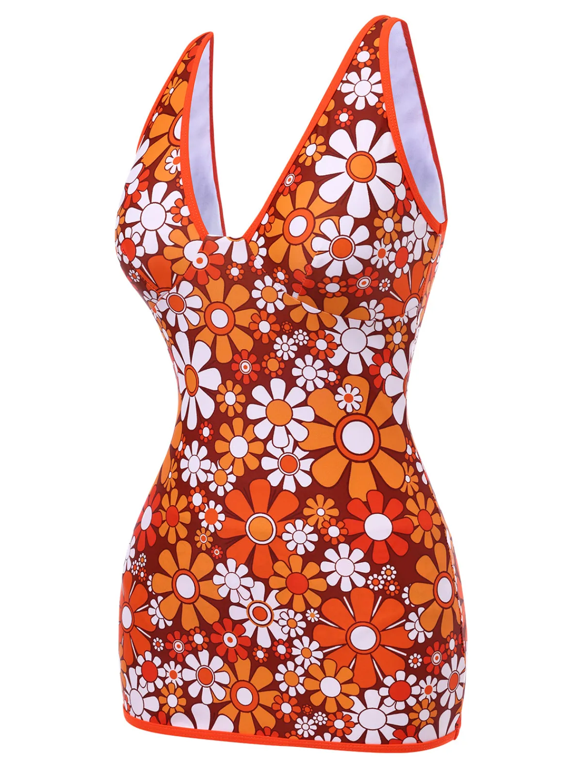 Fashion Retro Stage 1960s Bohemian Psychedelic Floral One-Piece Swimsuit Brown