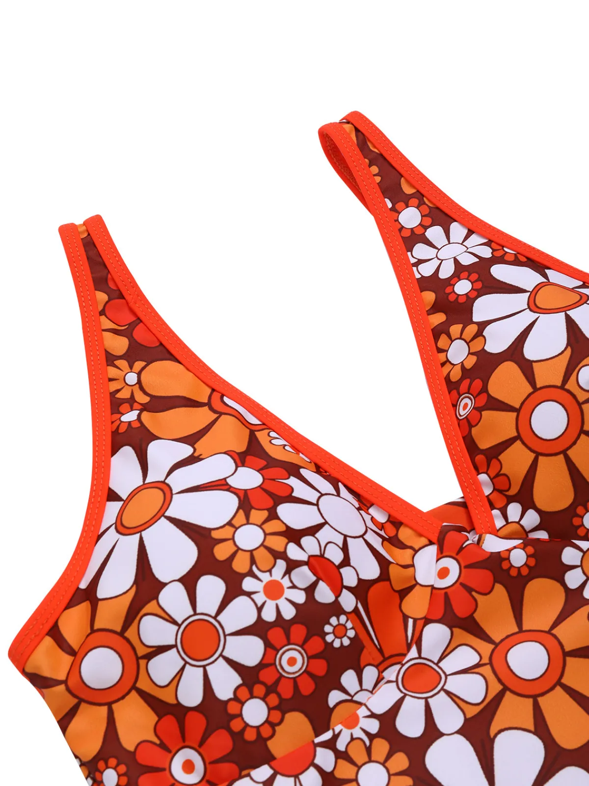 Fashion Retro Stage 1960s Bohemian Psychedelic Floral One-Piece Swimsuit Brown