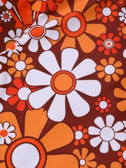 Fashion Retro Stage 1960s Bohemian Psychedelic Floral One-Piece Swimsuit Brown