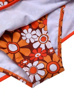 Fashion Retro Stage 1960s Bohemian Psychedelic Floral One-Piece Swimsuit Brown
