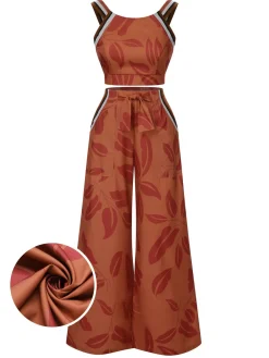 Fashion Retro Stage 1930s Botanical Sleeveless Pants Suit Brown