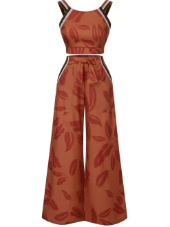 Fashion Retro Stage 1930s Botanical Sleeveless Pants Suit Brown