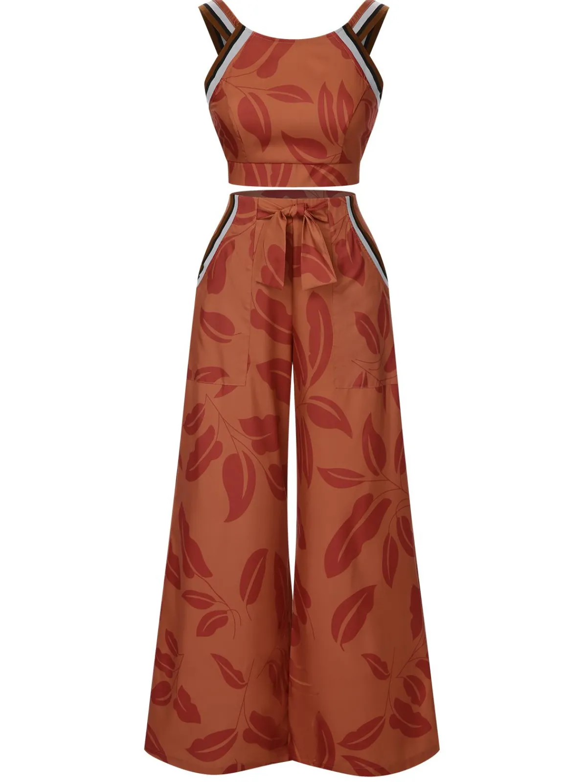 Fashion Retro Stage 1930s Botanical Sleeveless Pants Suit Brown