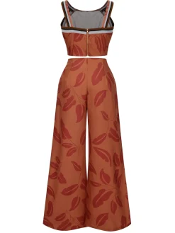 Fashion Retro Stage 1930s Botanical Sleeveless Pants Suit Brown