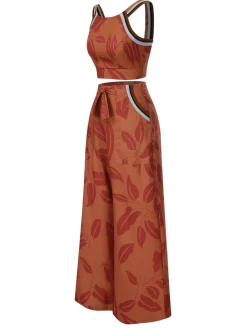 Fashion Retro Stage 1930s Botanical Sleeveless Pants Suit Brown