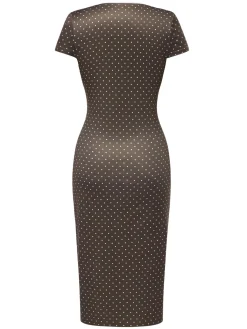 Fashion Retro Stage 1960s Deep V-Neck Polka Dots Dress Brown