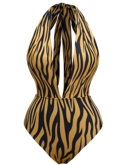 Best Retro Stage Brown 1960s Deep-V Zebra Stripe One-Piece Swimsuit Light Brown