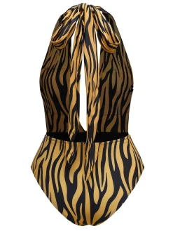 Best Retro Stage Brown 1960s Deep-V Zebra Stripe One-Piece Swimsuit Light Brown