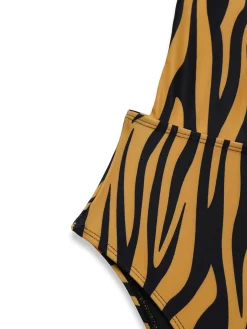 Best Retro Stage Brown 1960s Deep-V Zebra Stripe One-Piece Swimsuit Light Brown