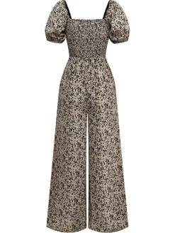 Clearance Retro Stage Brown 1930s Ditsy Floral Puff Sleeve Jumpsuit Light Brown