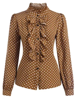 Best Retro Stage 1950s Dots Ruffle Stand Collar Blouse Brown