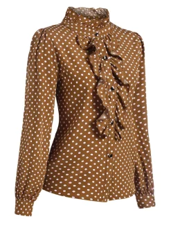 Best Retro Stage 1950s Dots Ruffle Stand Collar Blouse Brown