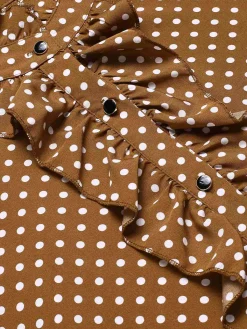 Best Retro Stage 1950s Dots Ruffle Stand Collar Blouse Brown