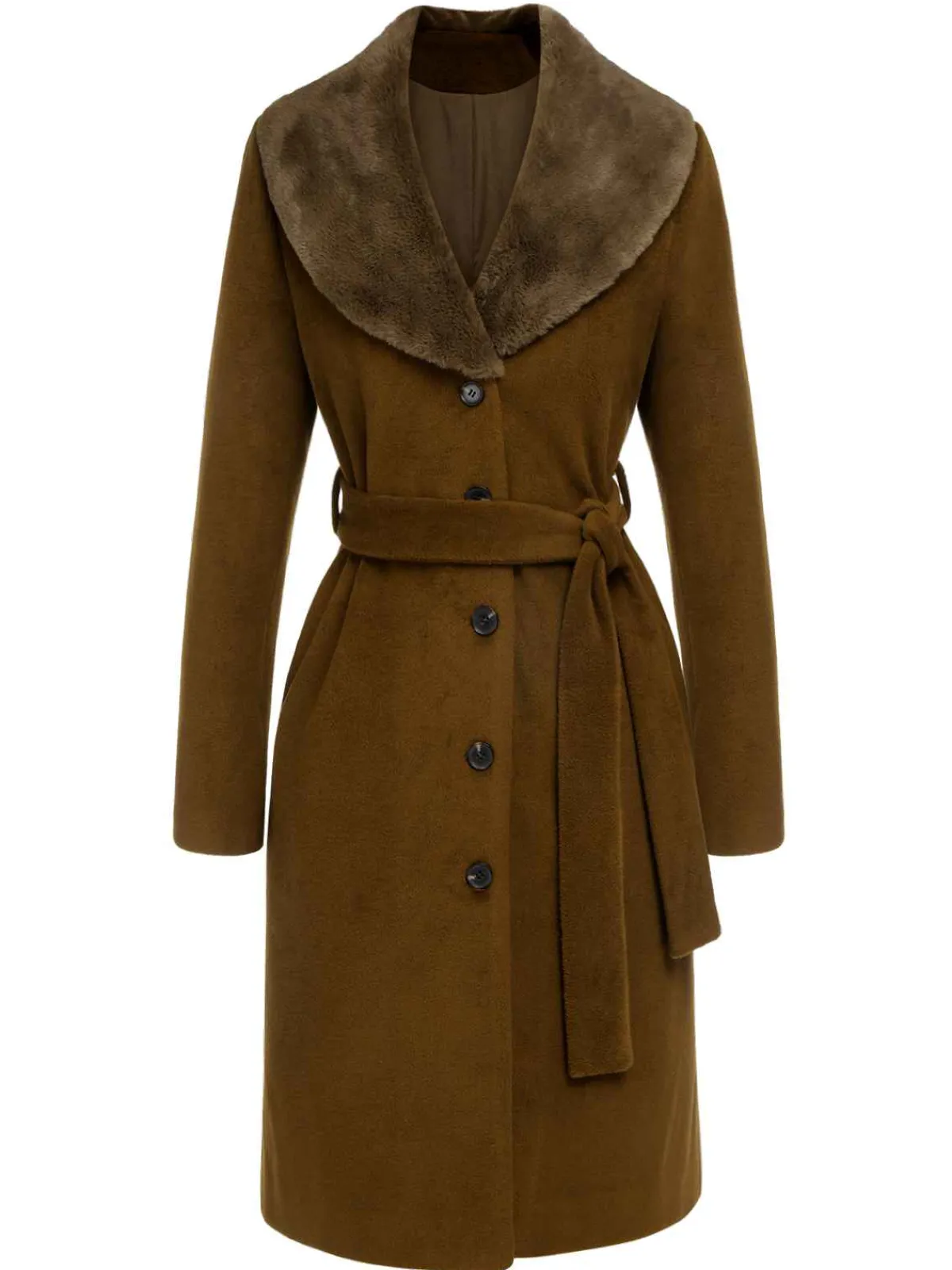 Outlet Retro Stage 1940s Fur Collar Belted Coat Brown