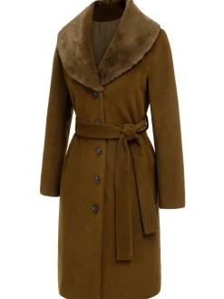 Outlet Retro Stage 1940s Fur Collar Belted Coat Brown