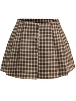 Online Retro Stage 1960s Gingham Plaid Pleated Skirt Brown