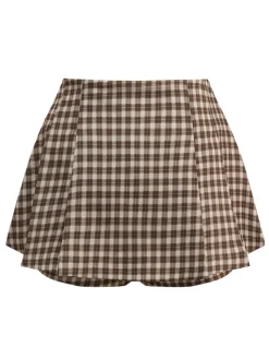 Online Retro Stage 1960s Gingham Plaid Pleated Skirt Brown