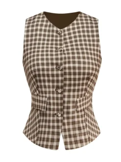 New Retro Stage 1930s Gingham Plaids Vest Brown