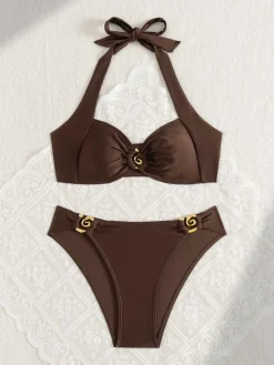 Discount Retro Stage 1950s Golden Ring Halter Bikini Set Brown