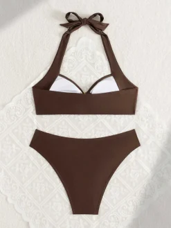 Discount Retro Stage 1950s Golden Ring Halter Bikini Set Brown