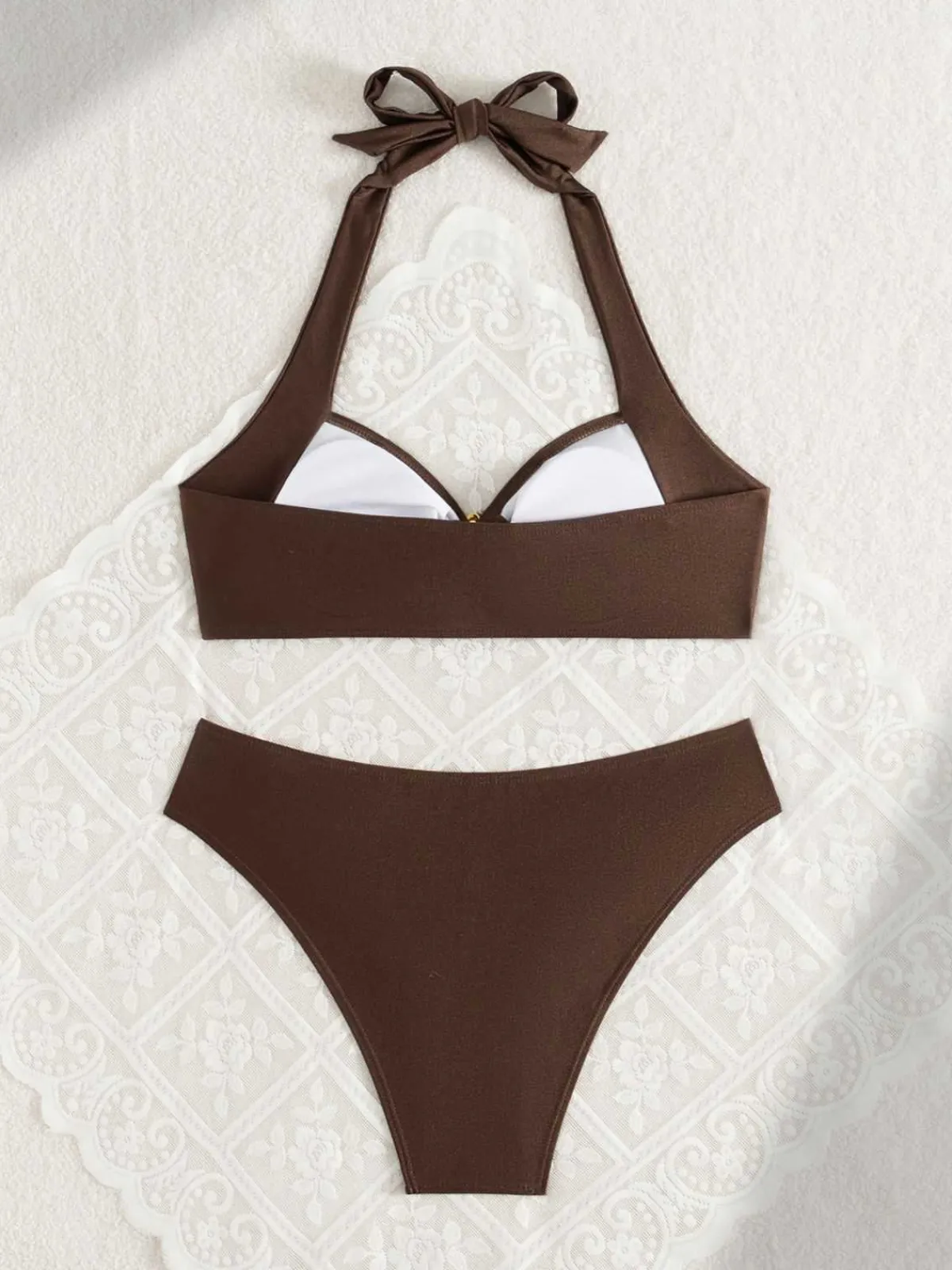 Discount Retro Stage 1950s Golden Ring Halter Bikini Set Brown
