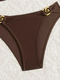 Discount Retro Stage 1950s Golden Ring Halter Bikini Set Brown