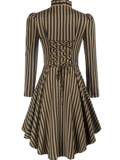 Hot Retro Stage 1940s Gothic Stripes High-Low Hem Coat Brown